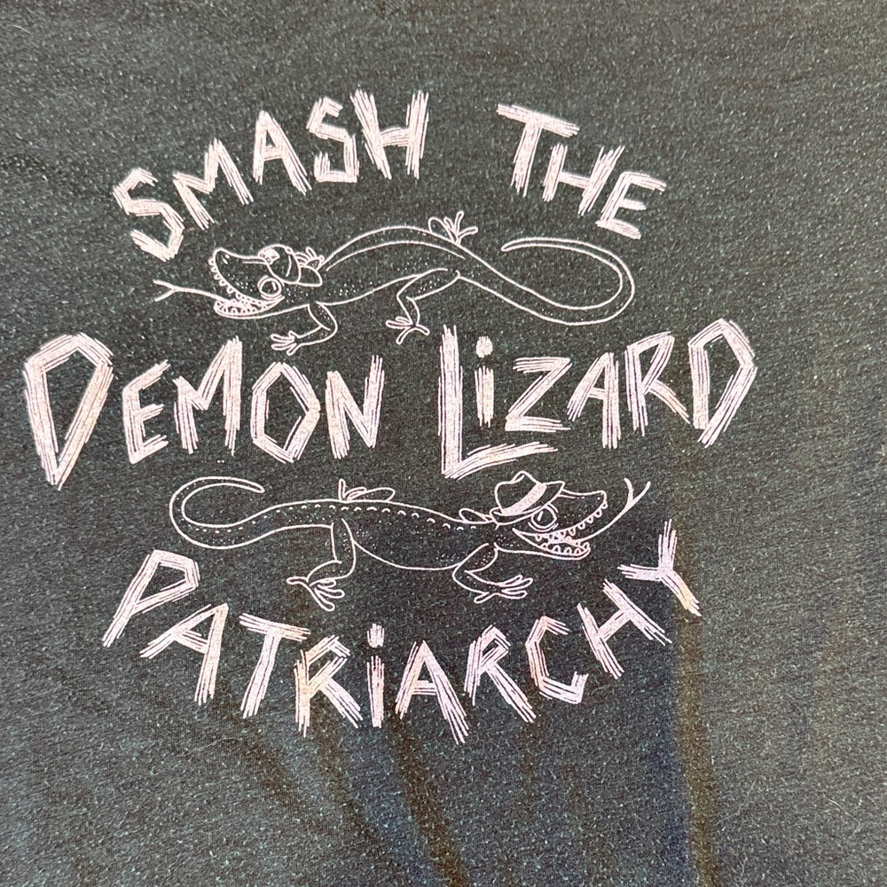 Bella Canvas Teal Graphic V-Neck Tee - Smash the Demon Lizard Patriarchy - Picture 2 of 5